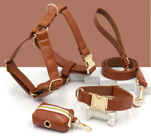 Set aus Hundehalsband, Leine und Geschirr aus PU-Leder – 6-teiliges, leicht zu reinigendes Paket | 14 vegane Lederfarben, OEM ab 20 Stk