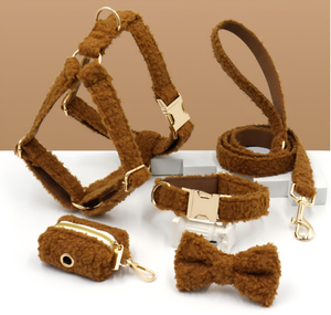 Set guinzaglio e pettorina per collare per cani in velluto Teddy - Pacchetto Sherpa in peluche da 6 pezzi per l'inverno | 7 colori, design brevettato, OEM da 20 pezzi
